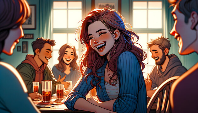 A digital animated-style painting of a young woman laughing with friends, her face lit up with joy and camaraderie. The group is gathered, Created by using generative AI tools