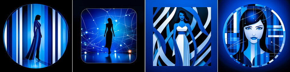 The mesmerizing and vibrant woman in the blue dress shines like a star, her elegance sparkling at every step. Her silhouette, beautifully outlined against the square frame, tells a story of confidence - obrazy, fototapety, plakaty