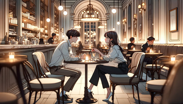 A digital animated-style painting of a young couple engaged in a romantic conversation in a chic café. They are seated close, with their hands, Created by using generative AI tools