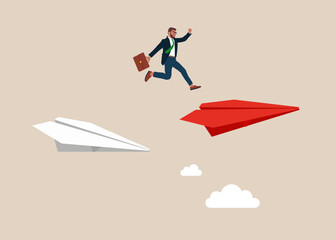 Change career. Businessman jumping paper white plane to another red paper plane. Find new business opportunities. Flat vector illustration