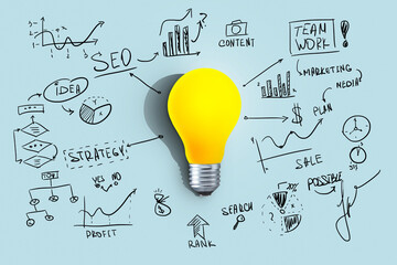 Creative yellow light bulb with strategy plan and inscriptions on a blue background. Strategy and...