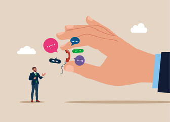 Modern lifestyle. Giant hand holding tiny phone. Communication, mailing, chatting online . Flat vector illustration.