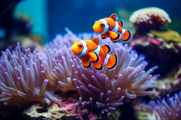 Clown anemonefish in anemone fish tank. - obrazy, fototapety, plakaty