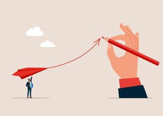 Holding pencil pointing direction for successful. Career takeoff and development. Profitable investment. Flat vector illustration.
 - obrazy, fototapety, plakaty