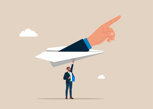 Planning and vision. Tiny businessman launching a paper plane and business executive hand pointing. Flat vector illustration.