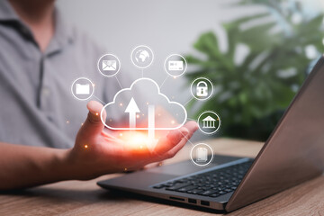 Cybersecurity cloud computing system management concept, Businessman show privacy cloud icon in hand and business management data, Banking, Document, financial, Secure data collection internet network