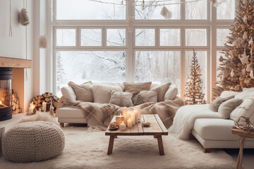 a bright living room in boho or Scandi style on the background of a decorated Christmas tree and gifts. Modern view of nature from the window.