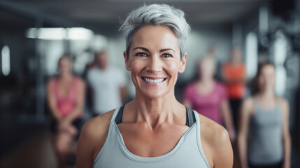 Fototapeta premium Fit joyful senior woman with gray hair smiling while working out at the gym, showcasing her determination and joy in staying fit and healthy. Age is just a number concept.