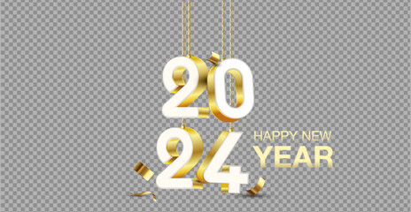 Happy New Year 2024. Golden 3D numbers and confetti , isolated on transparent background.