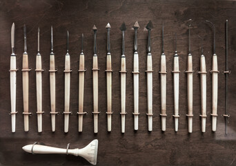 Set of old instruments for eye surgery. Retro ophthalmic instruments - obrazy, fototapety, plakaty