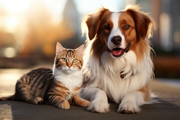 cat and dog together Animal friendship - obrazy, fototapety, plakaty