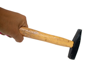 Close-up of a woman holding a hammer. Metal and wood hammer isolated on white background