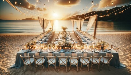 A luxurious beachside wedding dinner setting, with a long table set on the sandy beach at sunset. 