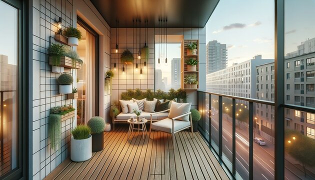 A contemporary urban balcony designed to maximize a small space in a stylish way. The flooring is wooden decking or outdoor tiles. The compact seating