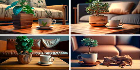 Fototapeta na wymiar Cozy and welcoming atmosphere with a cup of coffee. Natural elements such as wood and plants create a warm atmosphere. An ideal setting for a relaxing break or conversation.