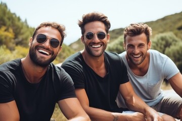 three male friends having fun outdoors. AI Generated - obrazy, fototapety, plakaty