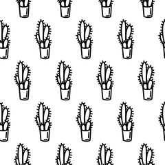 Cactus in pot seamless pattern. Doodle prickly cactus outline pattern. Cartoon prickly cactus wrapper, wallpaper for gift, restaurant, textile decoration. Prickly flower outline adult coloring page