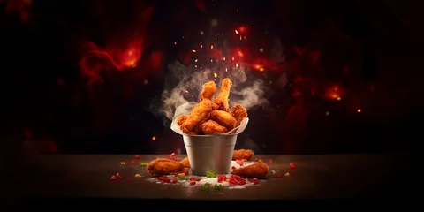 Schilderijen op glas chicken classic nuggets tenders meal in bucket container, boneless wings or chicken breast pieces in buffalo barbeque, or spicy sauce flying ingredients and food commercial advertisement menu banner © sizsus