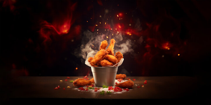 chicken classic nuggets tenders meal in bucket container, boneless wings or chicken breast pieces in buffalo barbeque, or spicy sauce flying ingredients and food commercial advertisement menu banner