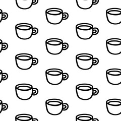 Hand drawn seamless pattern with cup of coffee, chocolate, cocoa, americano or cappuccino. Doodle mug isolated on white background. Adults and kids coloring page, coloring book, design for cafe