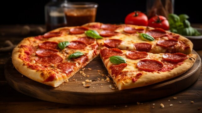 Create a mouth-watering image showcasing a classic pepperoni pizza with a crispy crust