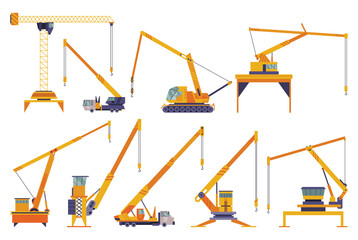 Hoisting crane icons set. Construction crane. Equipment in flat style. Yellow industrial heavy machine. Various lifters doing heavy lifting