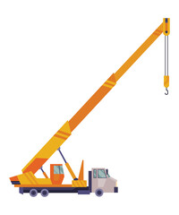 Hoisting crane icon. Construction crane. Equipment in flat style. Yellow industrial heavy machine. Lifter doing heavy lifting