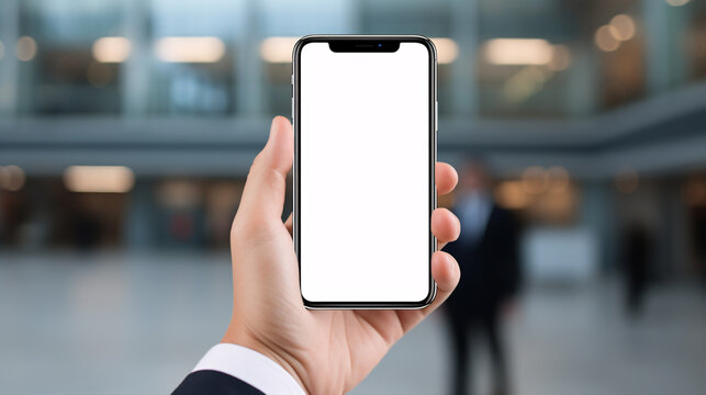 A businessman's hand with a blank smartphone is seen, its background fuzzily depicted.
