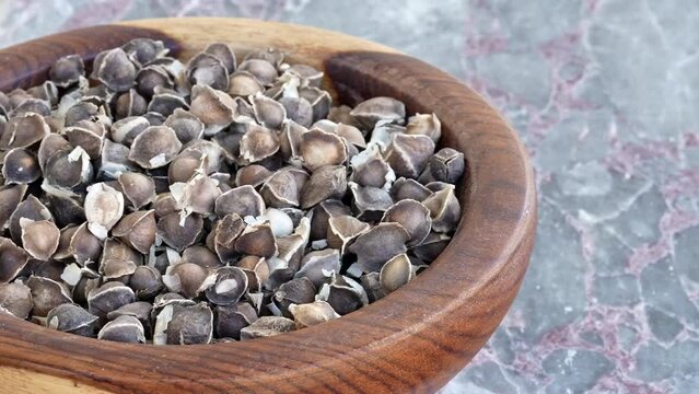 moringa seeds in brown wooden plate on blue marble ,pan, close, HD, 24fps
