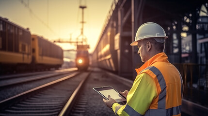 Technician maintains rail equipment with tablet at railway station..