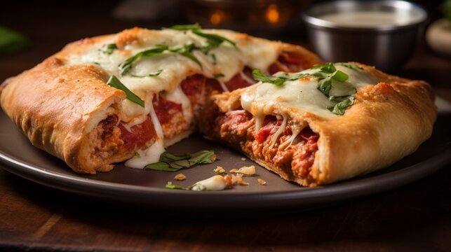 Develop an image featuring a classic Italian calzone filled with marinara, mozzarella, and spicy Italian sausage