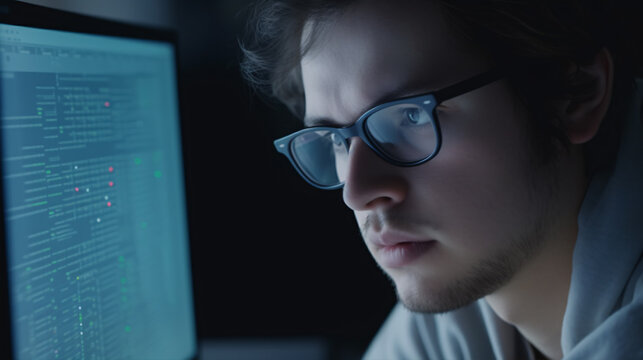 A glasses-wearing coder intently develops software, reflecting on programming code and digital technology for cyber security.