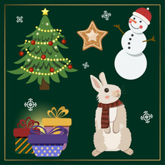 Christmas characters and elements collection. Snowman, rabbit, cookies, Christmas tree, gift boxes