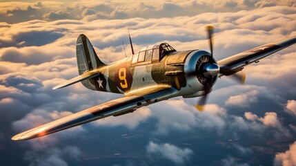 World War II era airplane flying in the clouds. 3d illustration of an old ww2 jet fighter flying above the clouds at sunset. WWII Concept. Military Concept. WW2 Air Force concept. - obrazy, fototapety, plakaty