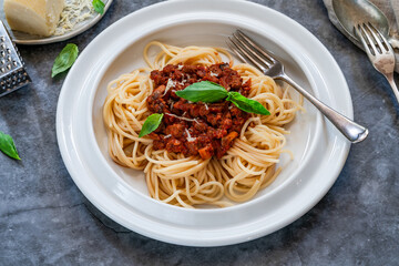 Vegetarian meat free spaghetti bolognese with quorn mince