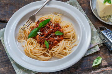 Vegetarian meat free spaghetti bolognese with quorn mince