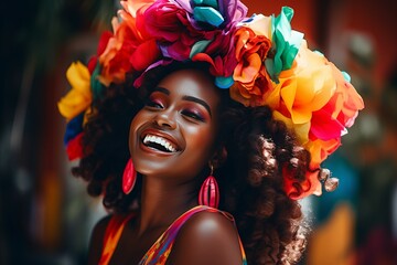young woman with colorful flowers in curly hair laughing, radiating confidence and self-acceptance