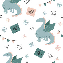 New Year seamless background. Cute dragon with gifts on a white background with snowflakes. Vector illustration for New Year's design, wallpaper, packaging, textiles. children's collection.