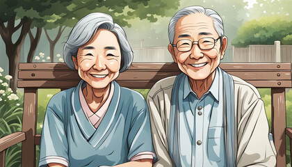 Happy elderly couple sitting in the garden - obrazy, fototapety, plakaty