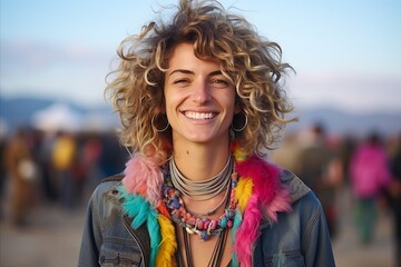 young smiling woman in vibrant and eclectic clothing. individual style, confidence, self-acceptance - obrazy, fototapety, plakaty