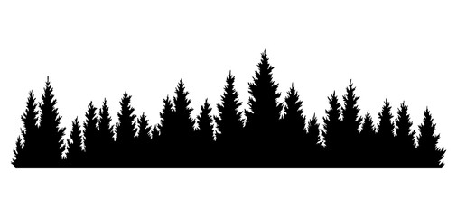 Fir trees silhouettes. Coniferous spruce horizontal background patterns, black evergreen woods illustration. Beautiful hand drawn panorama with treetops forest. Black pine woods