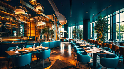 Interior of a restaurant with blue chairs and tables. Toned.