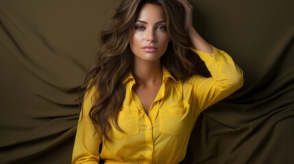 Naklejka premium Smiling woman in yellow shirt posing on brown background.