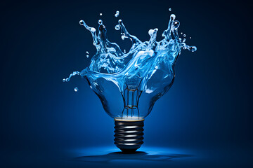 Electricity & water: light bulb glass turning into a splash of transparent liquid. Minimalist surreal concept on dark blue background.