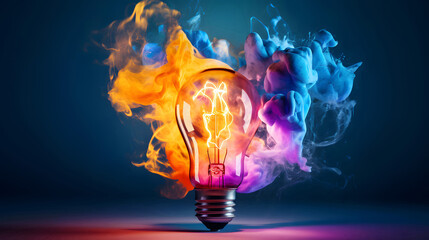 Creative idea: light bulb glowing with electric energy exploding a cloud of colorful smoke. Studio shot, green & blue background.