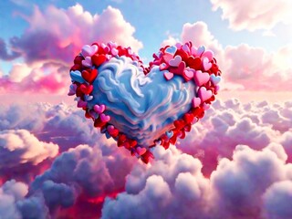 a heart shaped cloud with many small hearts shaped ballons  in the sky