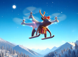 Beautiful reindeer shaped drone flying in the sky at night - 3d illustration