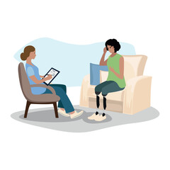 Disabled person with a psychologist. Psychological assistance to people with disabilities. Rehabilitation and adaptation of people with disabilities. Vector illustrations.