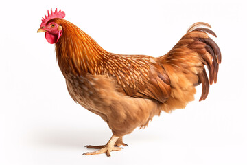 Fototapeta premium A youthful chicken secluded against a plain backdrop, seen from the side.