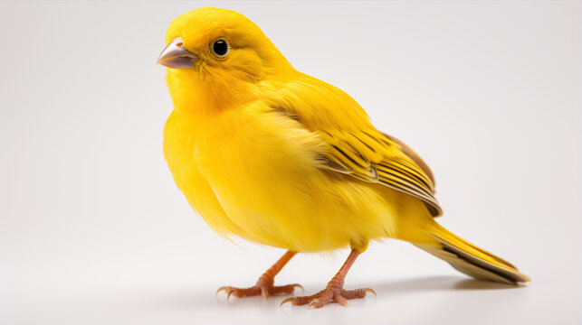 A solitary, yellow canary set upon a pristine white backdrop was captured in a photo studio.